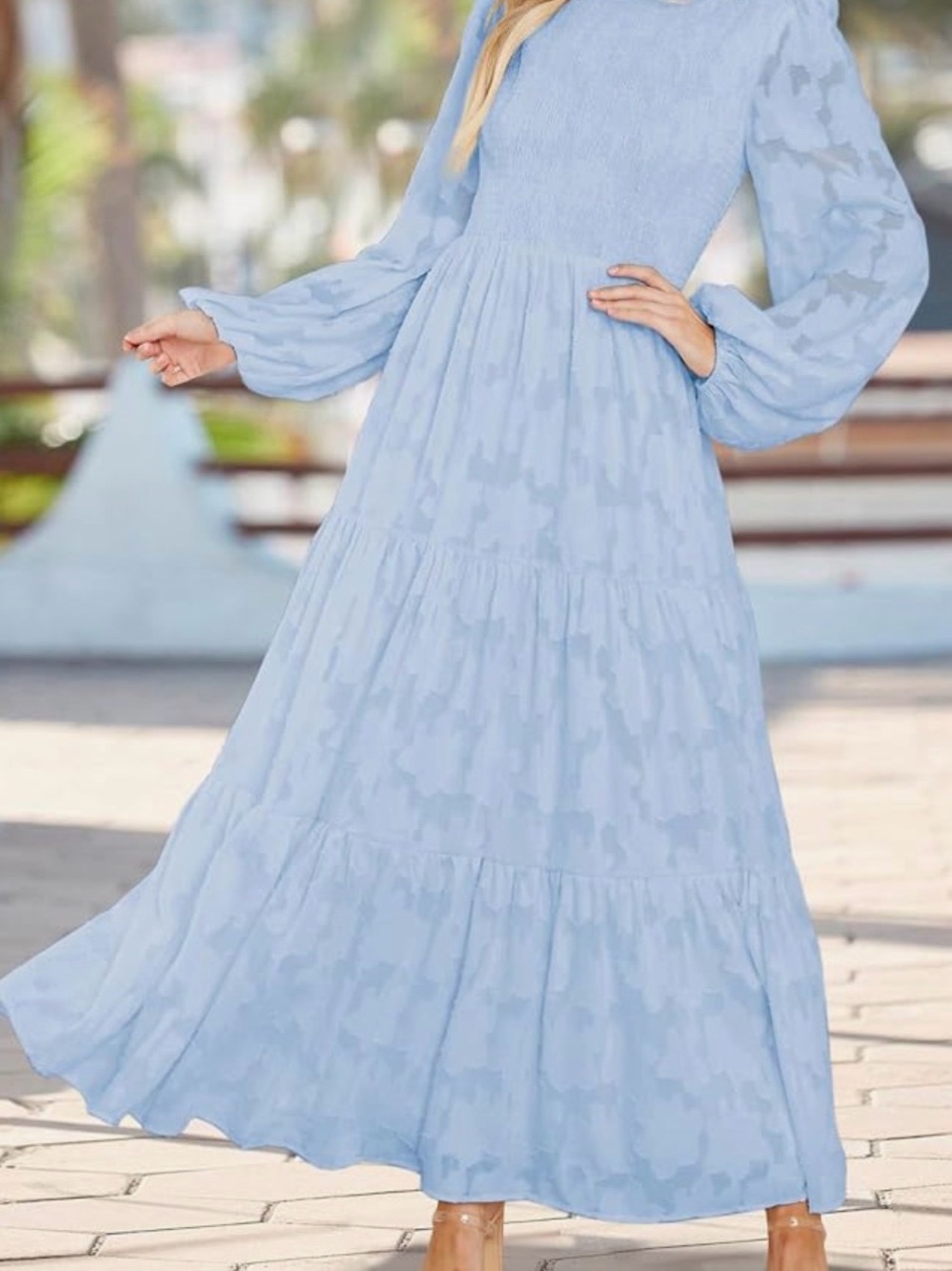 Light Blue Long Sleeve Floral Tiered Maxi Dress